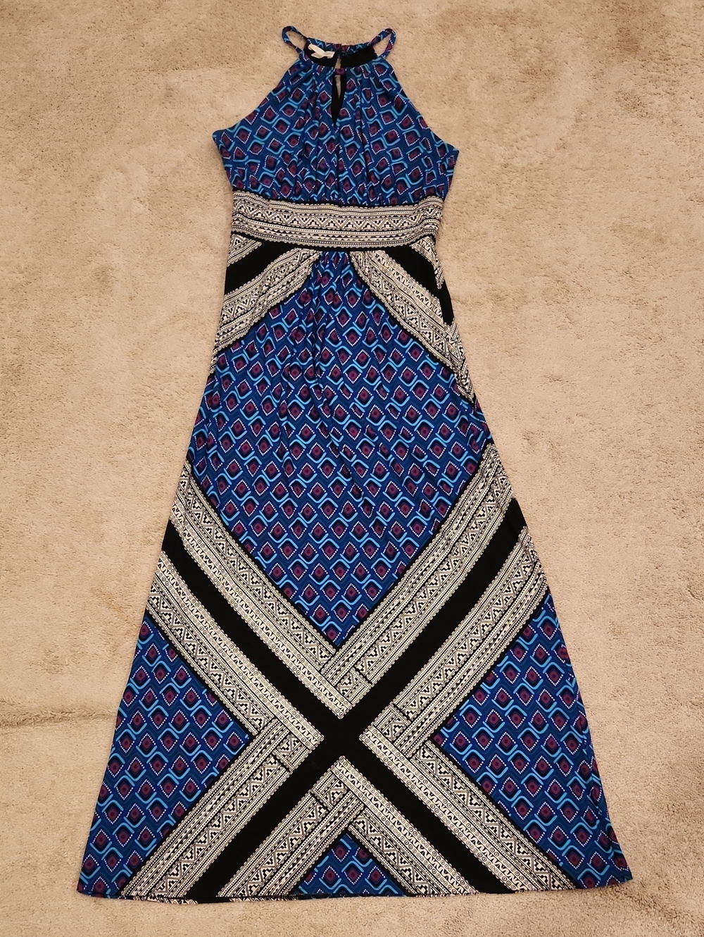 London Times Blue and Black Geometric Halter Maxi Dress